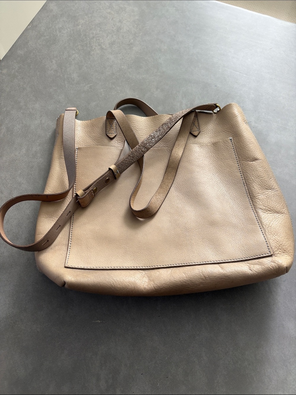 Madewell Greige Leather Tote with Detachable Shoulder Strap